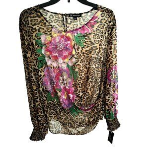 INC Animal Print Floral Sequins Blouse Top L